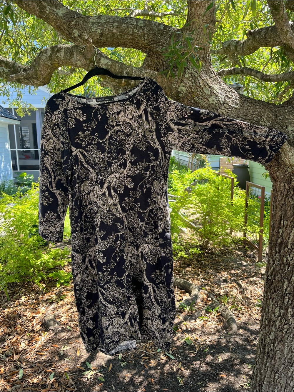 Zanzea Black and Cream Floral Long Sleeve Midi Dress